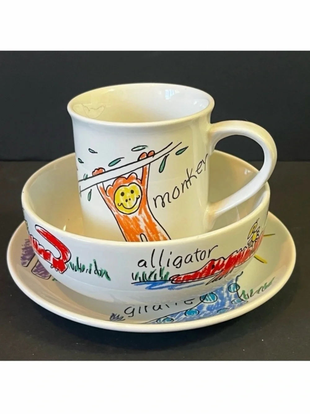 Pier 1 Childrens Dish Set: Jungle Animals Cup Bowl Plate Colorful Monkey Giraffe